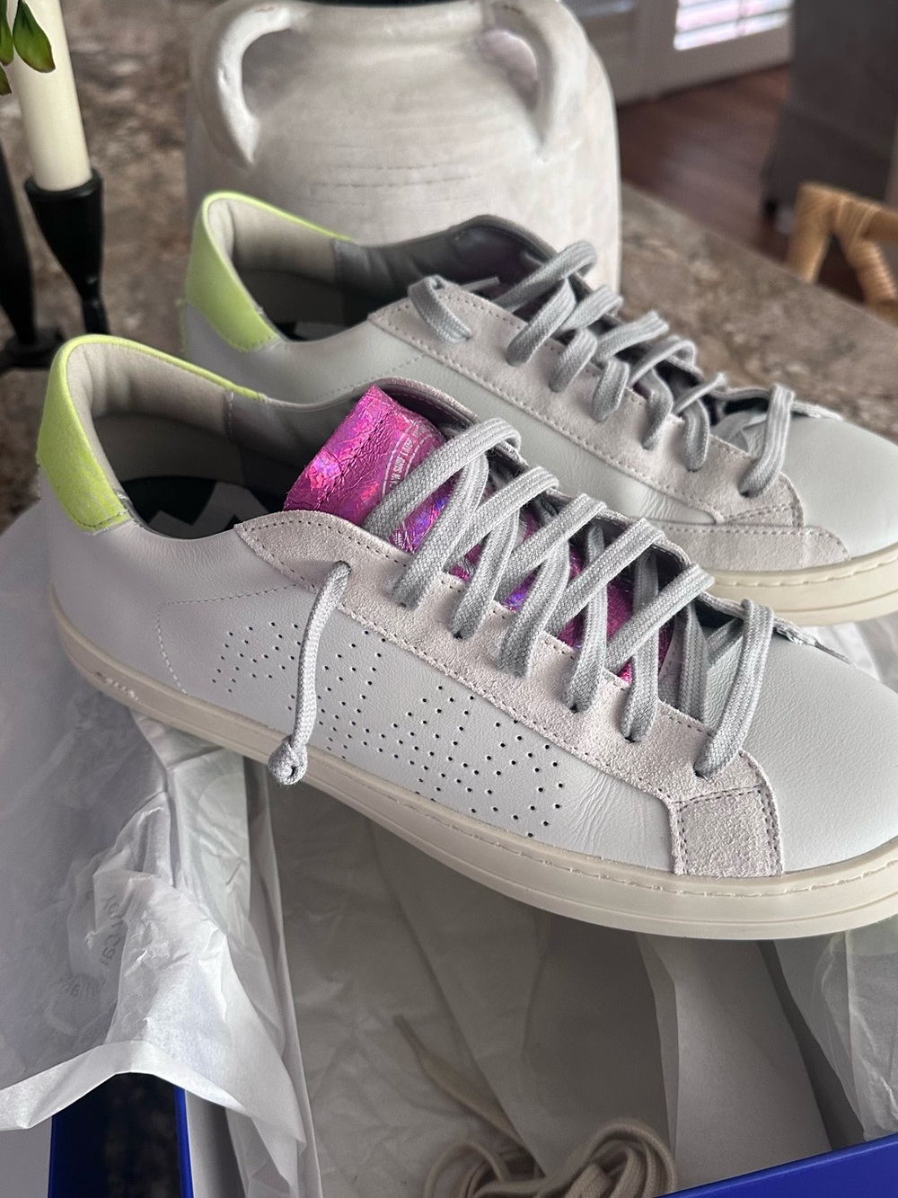 P448 Women's White Sneakers with Pink Tongue and Neon Green Heel